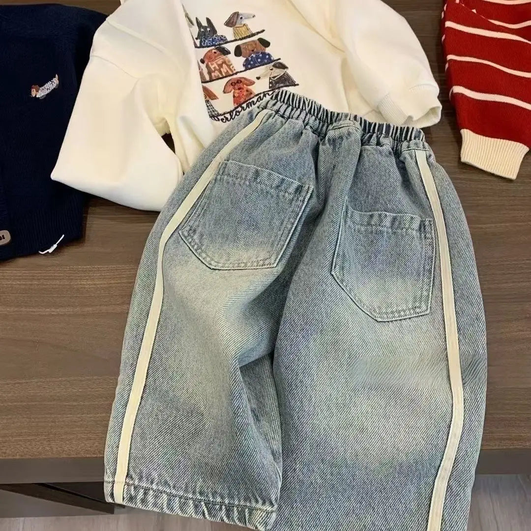 Boys Children's Denim Overalls Loose Casual Pants Girls Wide Leg Jeans Kids Straight Denim Trousers