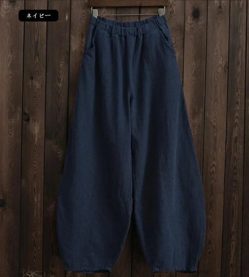 Cotton Linen Bloomers Wide Leg Pants Vintage Full Length Elegent Pants Solid Elasitic Waist 5XL