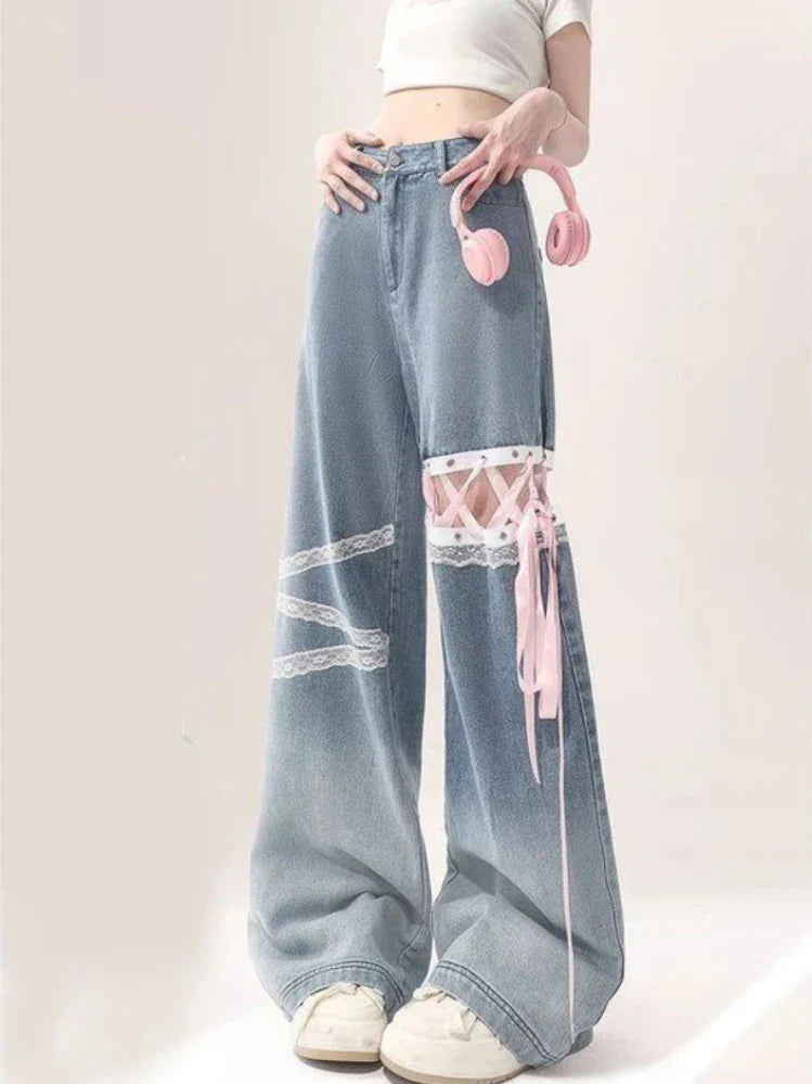 American Sweet Pantalones De Mujer Lace Patchwork Bandage High Waist Casual Loose Jeans Preppy Style All Match Clothing