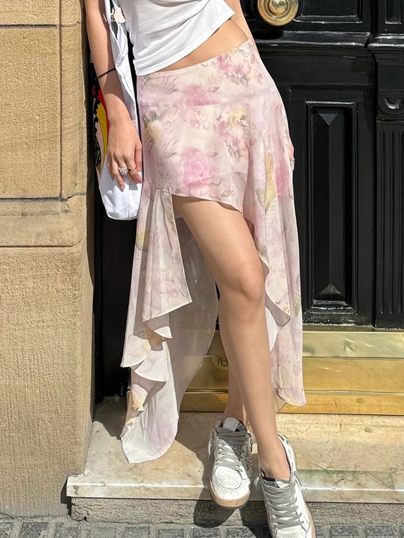 Rockmore Bohemian Floral Printed Mesh Skirt with Asymmetrical Ruffled Hem Romantic Elegant Beach Vacation Skirts