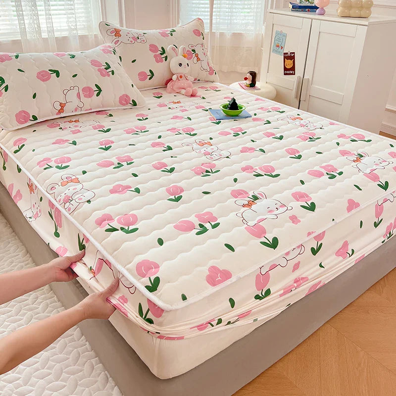 1pc Thicken Anti-mite Fitted Sheet With Elastic Band Non Slip Adjustable Mattress Cover