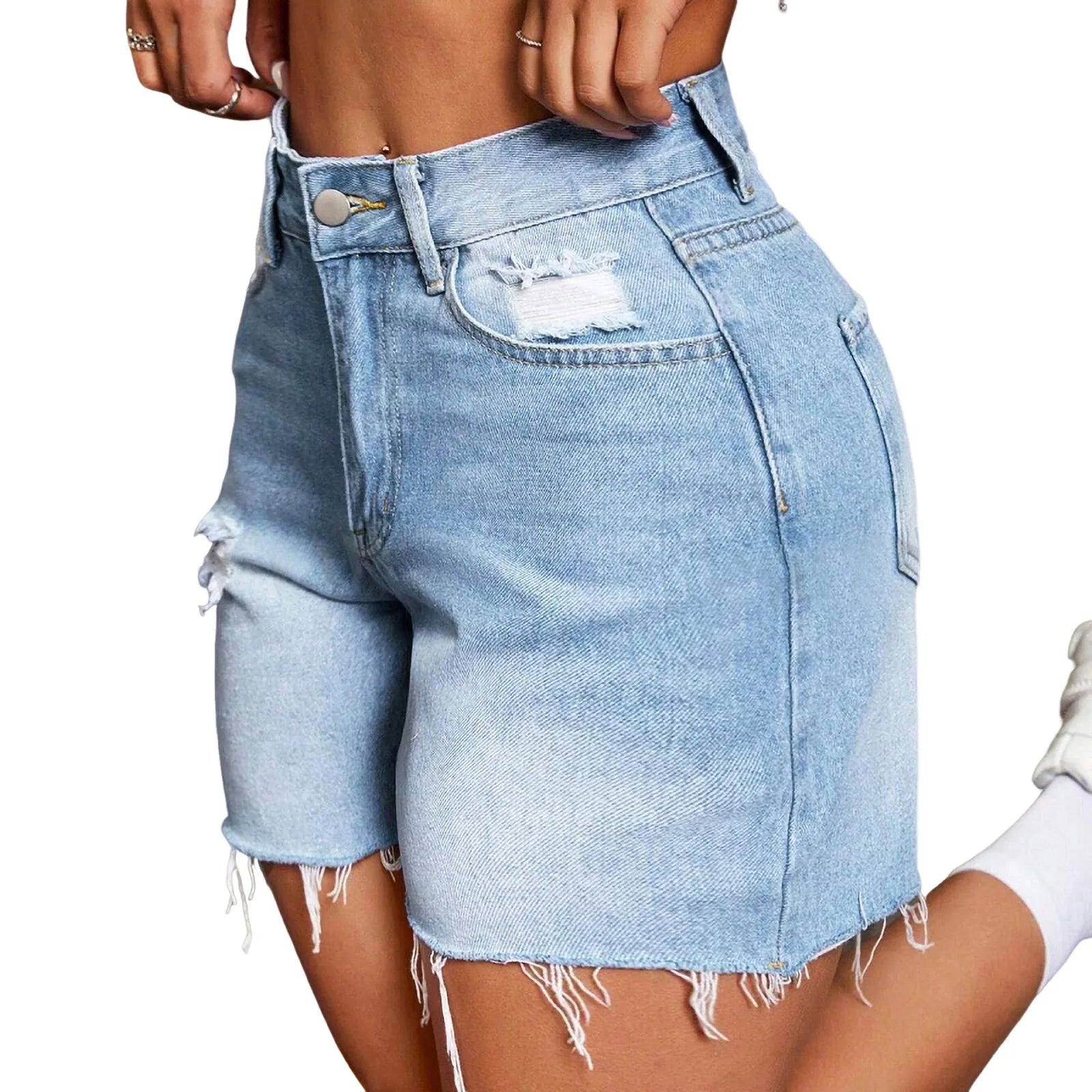 Short Jeans Casual Holes High Waist Trousers Button Straight Pants Streetwear Club Beach Mini Lenth Mom Jeans