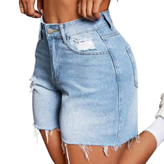 Short Jeans Casual Holes High Waist Trousers Button Straight Pants Streetwear Club Beach Mini Lenth Mom Jeans