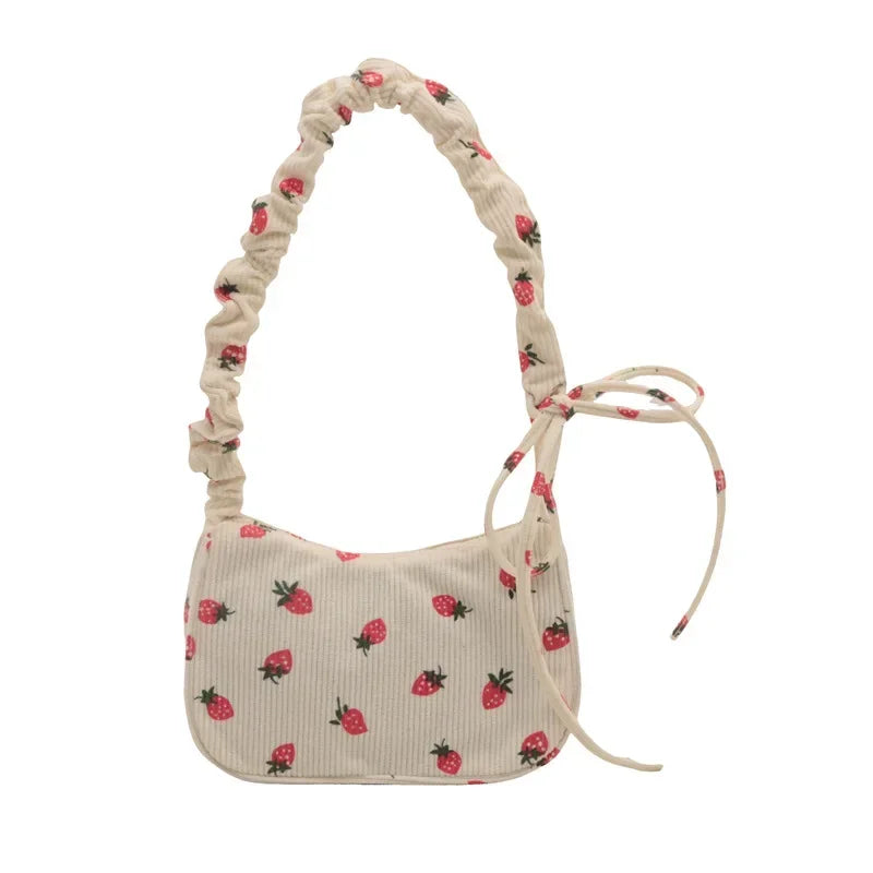 Small Underarm Bag Corduroy Handbag Cute Strawberry Print Little Tote Half Moon Design Eco Cloth Purse Mini Shoulder Bags