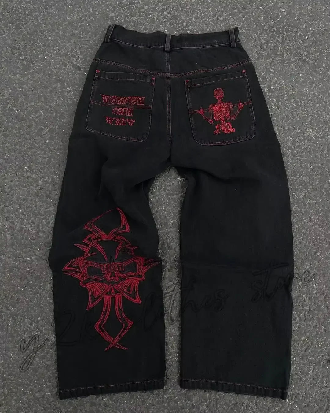 Retro Skull Embroidery Y2K Jeanss Hip Hop Washed Baggy Denim Pants Straight Casual Loose Wide Leg Trouser Streetwear