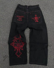 Retro Skull Embroidery Y2K Jeanss Hip Hop Washed Baggy Denim Pants Straight Casual Loose Wide Leg Trouser Streetwear