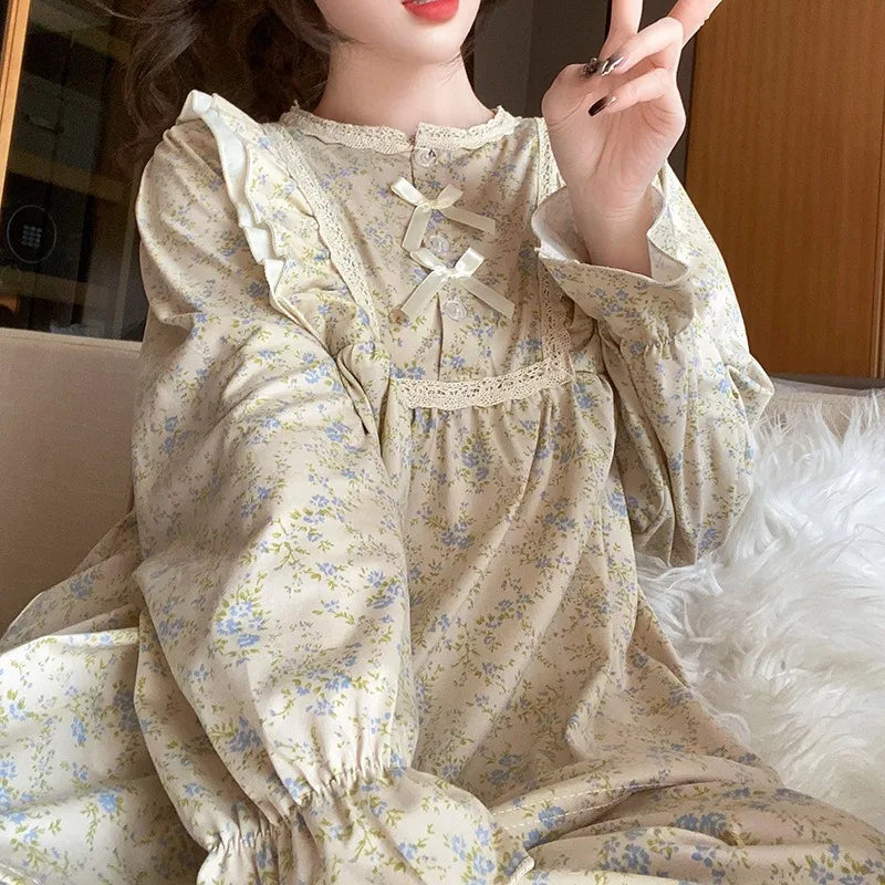 Ladies Pajamas Garden Style Student Casual Long Sleeve Pants Two-Piece Bow Set Nightwear Four Season Academic Atmosphere