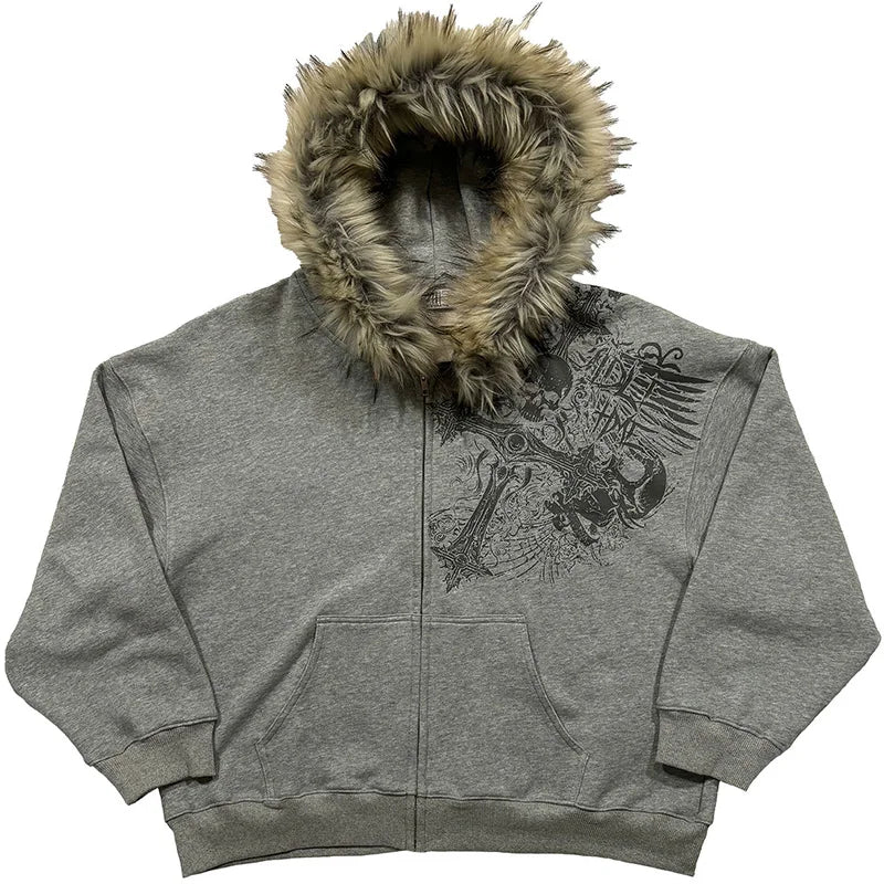 /Y2k Harajuku Faux Fur Collar Hoodies Clothes Graphic Hip Hop Punk Gothic Zip Up Hoodies new