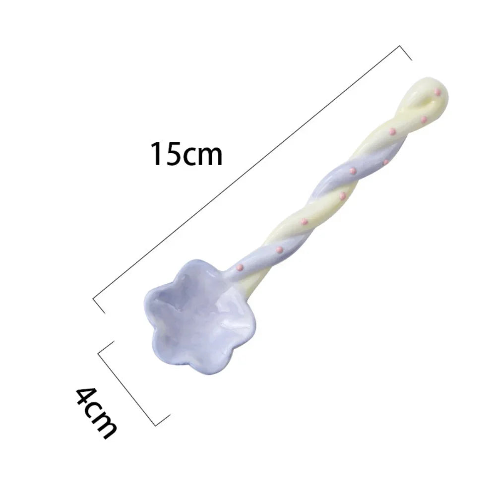 Ceramics Long Handled Spoon Instagram Style Household Stirring Spoon Hand Painted Flower Shaped Coffee Spoon