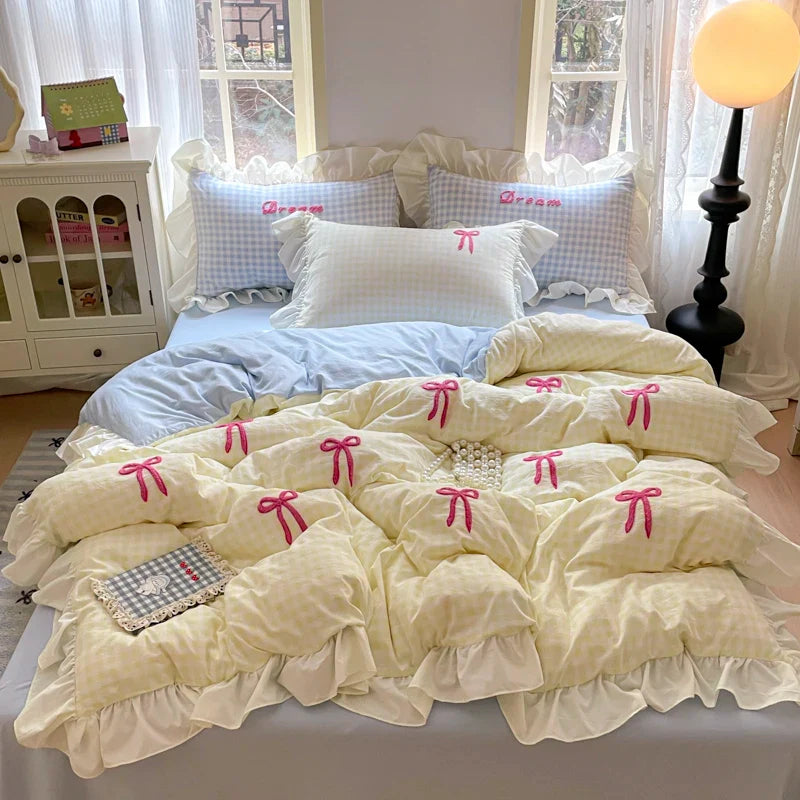 Korean Style Bedding Sets Pink Grid Bow Quilt Cover Romantic Bed Sheet Sets Girls Bedroom Duvet Cover 4pcs