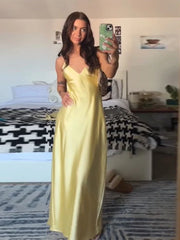 Yellow Elegant Stain Sling Dress Backless Sleeveless V Neck High Waist Evening Gown Chic Lady Partywear