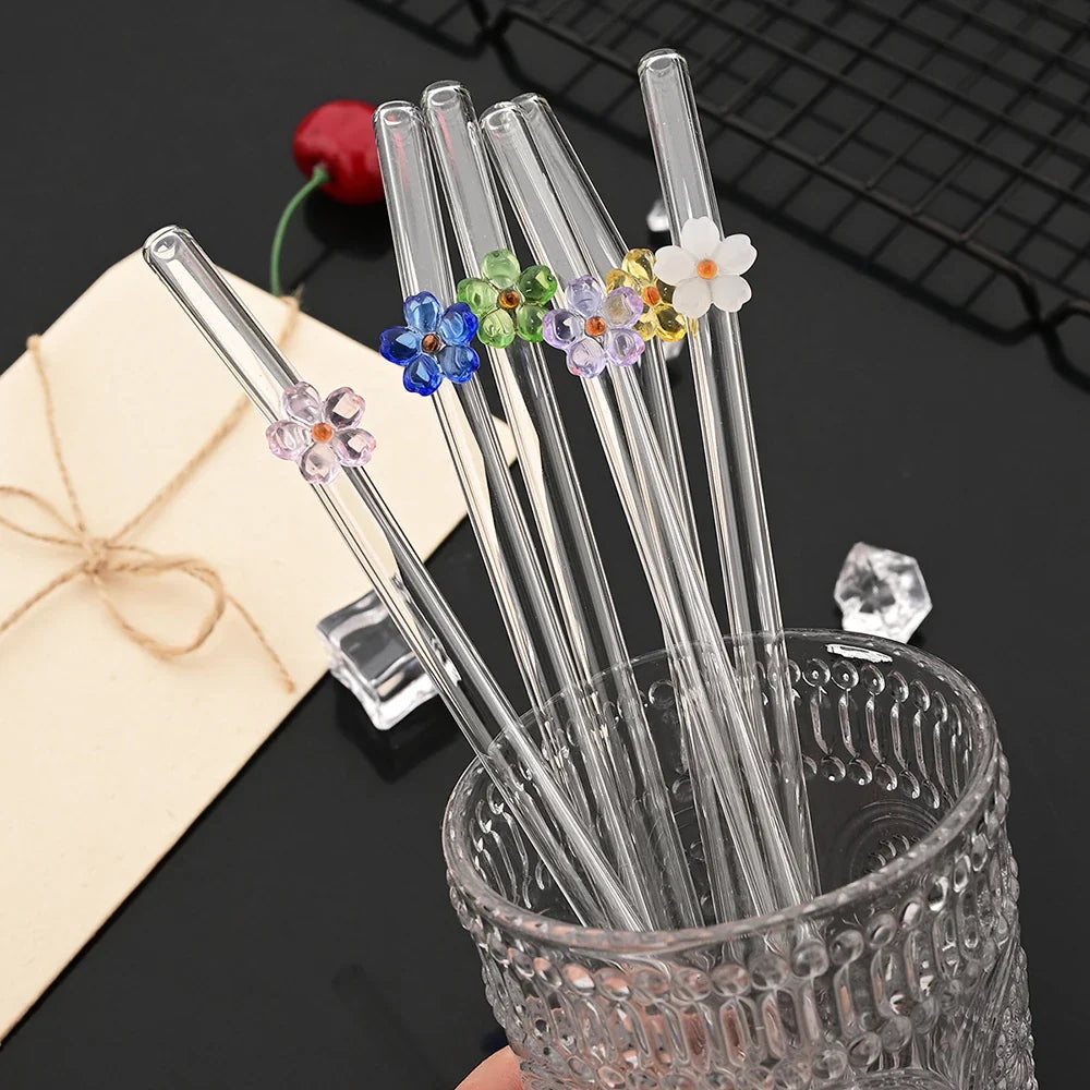 5Pcs 8mm Glass Straw Reusable Drinking Straws Cute Flower Heat-Resistant Straw