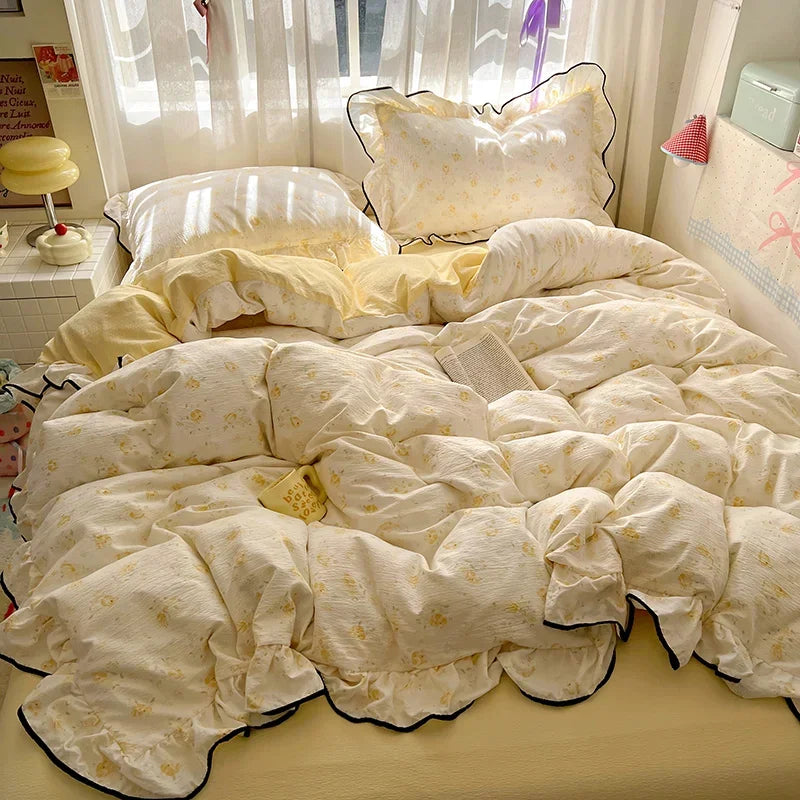 Ruffles Bedding Set Floral Style Duvet Cover Pillowcase with Bedsheet Skin-friendly Bed Linen Set Girls Room Bedclothes