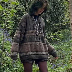 Dourbesty 2000s Vintage Sweater Y2K Casual Striped Long Sleeve Round Neck Preppy Style Pullover Tops Retro Grunge Knitwear