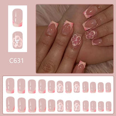 24Pcs Short Square French Nail Tips 3D Embossed Flower Decoration Removable Wearable Press on Nails