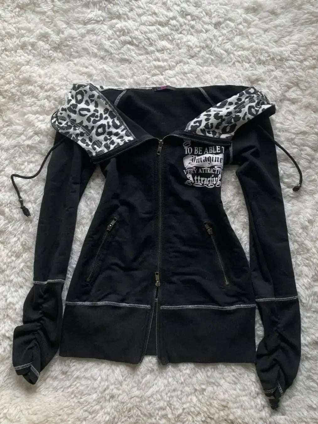 Y2k Harajuku Retro Leopard Black Sportswear Hip Hop Slim Fit Spicy Girl Retro Multi Functional Hoodie Gothic Punk Zipper Hoodie
