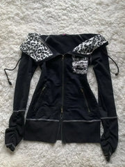 Y2k Harajuku Retro Leopard Black Sportswear Hip Hop Slim Fit Spicy Girl Retro Multi Functional Hoodie Gothic Punk Zipper Hoodie