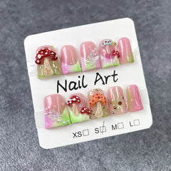 Y2K Retro Handmade Duck False Nails Nude Pink French Tips with Handcrafted Mushroom Aurora Butterfly Pearl Design Fake Nail