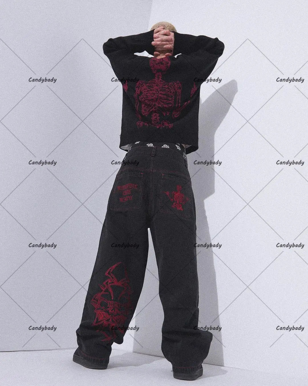 National Tide Couples American Raw Edge Stone Mill Washed Jeans Y2K Gothic Punk Style Loose Straight Tube Make Old Trousers