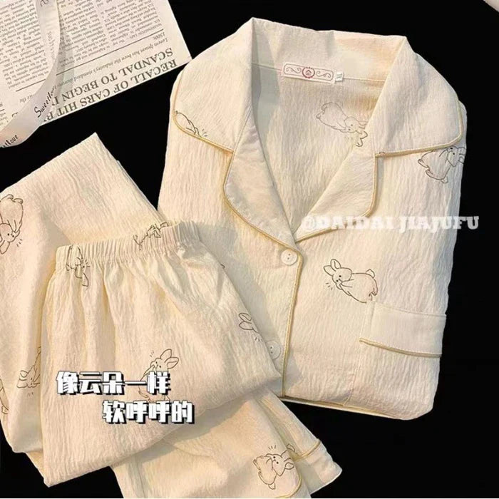 2 PCS Pajama Sleepwear Pajama Set Long Sleeved Pants Suit Peach Print Ventilate Soft Comfortable Home Leisure Home Clothes