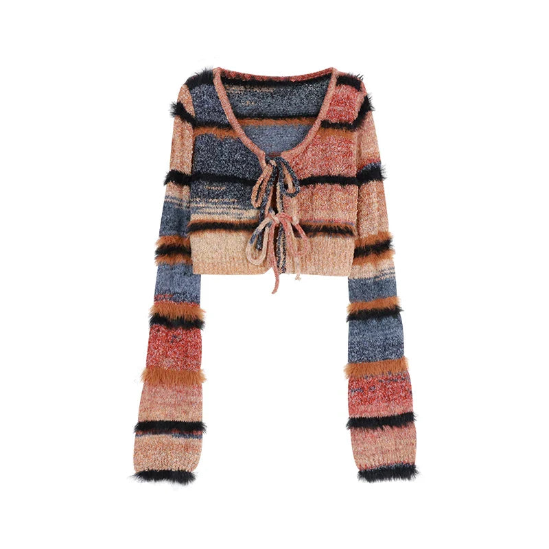 Korean style Streetwear Long-sleeved Cardigan Striped Knit Sling Dress Two-piece Suit