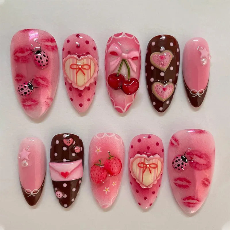 24PCS Wine Red Almond Press on Nails Cartoon Rabbit Bowknot with Plaid Pearl Designs French Fake Nails