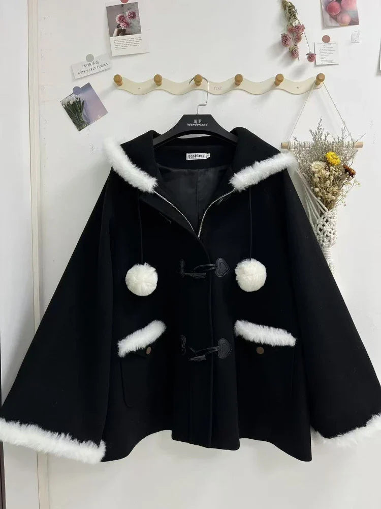 Black Cape Coat Loose Hooded Zipper Overcoat Elegant Casual Gothic Christmas Shawl Clothes