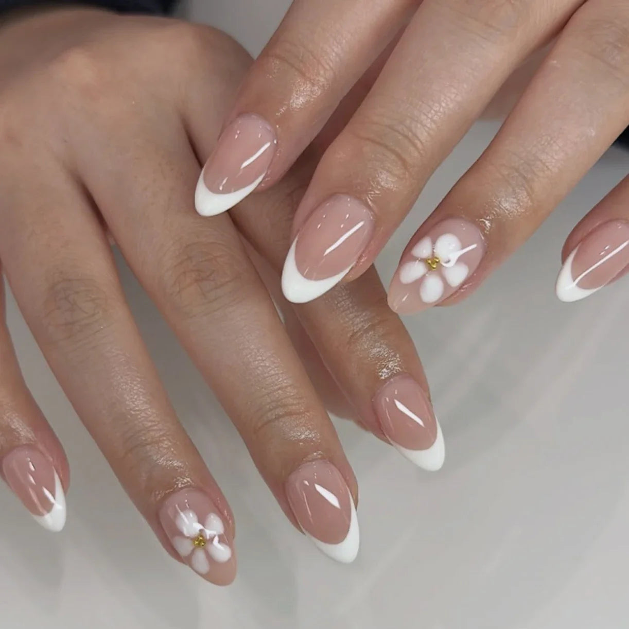 Pink Yellow Halo Dyeing Flower Water Ripple False Nails Leopard Long Pointed Fake Nails Art Press on Nails Charm Manicure
