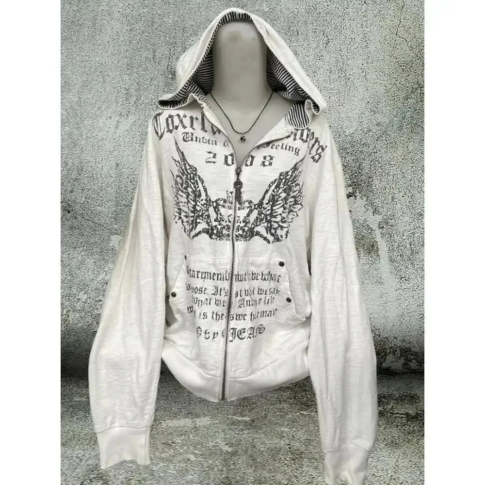Korean Sweatshirts Harajuku Gothic Printed Coats Jackets Subculture Vintage Faux Fur Hooded Casual Y2k Clothing