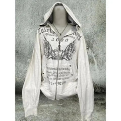 Korean Sweatshirts Harajuku Gothic Printed Coats Jackets Subculture Vintage Faux Fur Hooded Casual Y2k Clothing