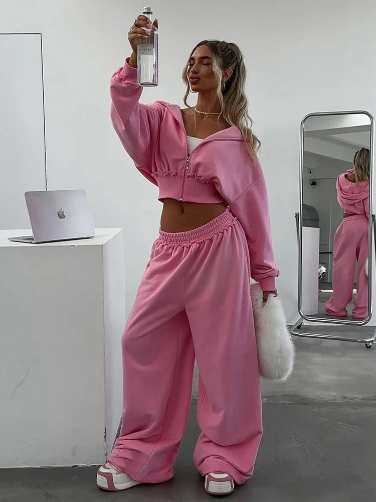 Kliou Casual Sporty 2 Piece Set Zip Cardigan Full Sleeve Hooded Crop Jacket+Elastic Waist Long Pants Daily Outfits