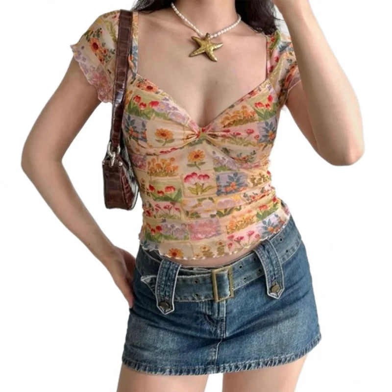Floral Print Mesh Slim Fit Crop Top Deep Neck Short Sleeve T-Shirt Spicy Girl Top