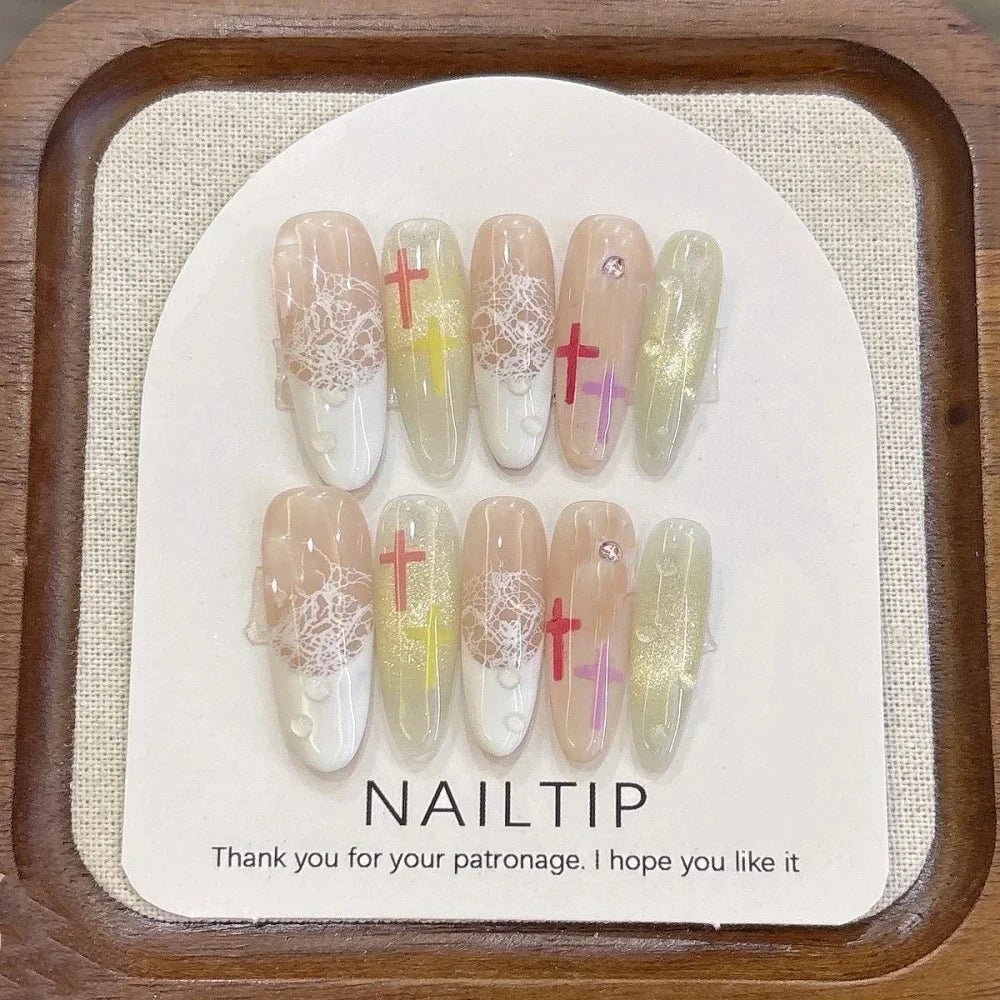 10Pcs Handmade Nude Color Press On Nails Sparkling Cat-Eye Cherry Star Marine Elements Sequins Cute Girlish Nail Suitable