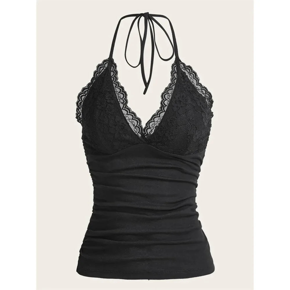 Black Lace Patchwork Halter Top Solid Ruched Backless Sleeveless Tank Top Streetwear Clothes