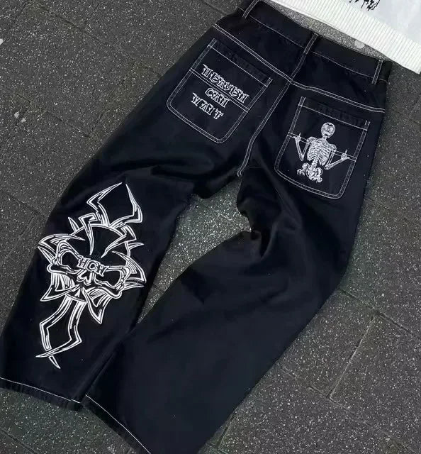 Y2K American Embroidery Diamond Retro Punk Low Waist Casual Jeans Blue Jeans Wings Pattern High Street Slim Leg Pants