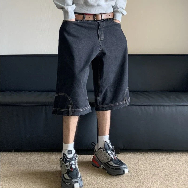 American Vintage Denim Shorts High Street Loose Wide Leg Niche Pants Casual Versatile Short Jeans Male