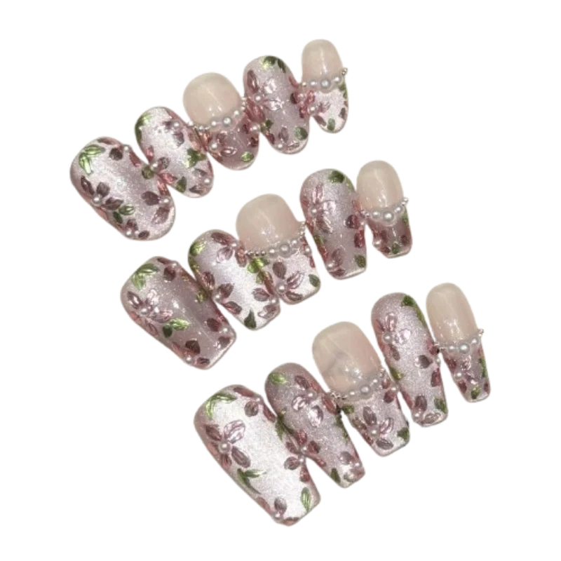 10pcs Handmade Press On Nails Hand-painted Flower Glossy Purple Cat's Eye False Nails Pearl Decor French Style Fake Nail