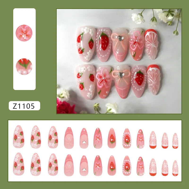 24pcs Flower Print Press on Nails Wine Red Blush Almond False Nail Tips Wearable Reusable Spicy Girl Fake Nails