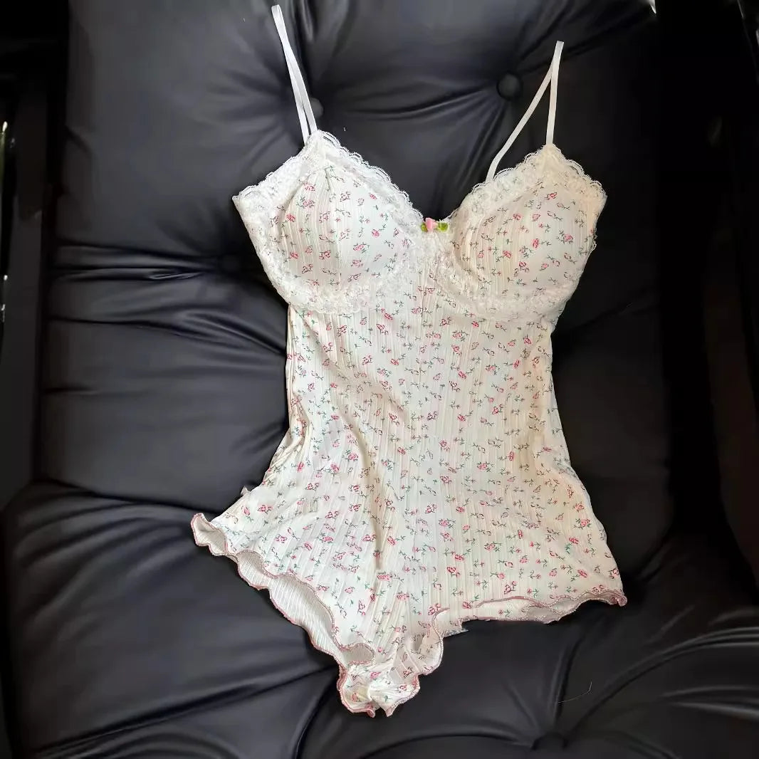 Floral Print Bodysuit Lace Trim Sleeveless Slim Fit Leotard Jumpsuit Romper Underwear Nightwear Lingerie