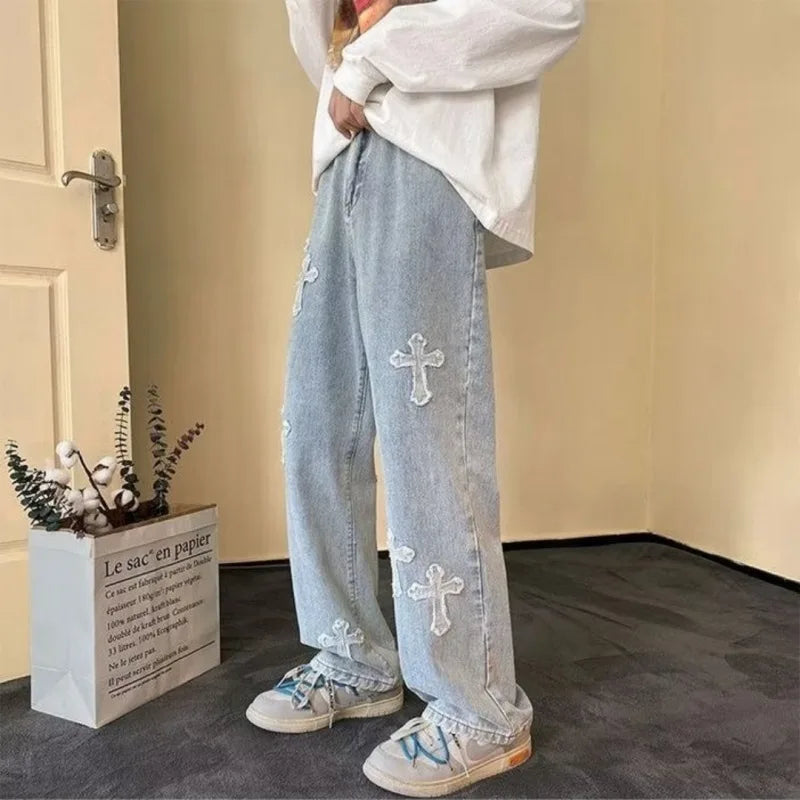 Cross Embroidery Y2k Jeanss Straight Denim Pants Casual Vintage Jeans Versatile Streetwear High Street Pants