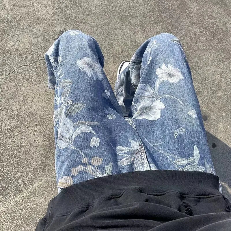 Printed Jeans Korean Styles Floral Denim Pant High Street Loose Straight Couples Trousers baggy hosen herren