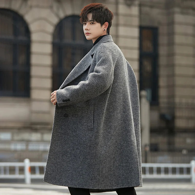 Fall Double Faced Wool Overcoat Loose Collar High End Outerwear Mid Long Length Coat Blends