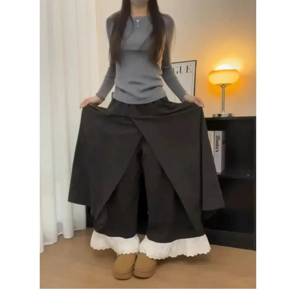 Casual Lace Trim Wide Leg Pants Fake Two-Piece Design Elastic Waist Patchwork Trendy High Waist Nine-Piece Length Polyester F...