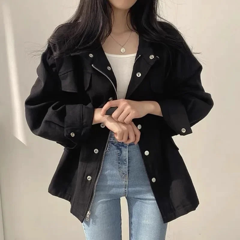 Retro Korean Chic Utility Jacket Waist Cinching Drawstring Slimming Coat Fake Pocket Design Elegant Style