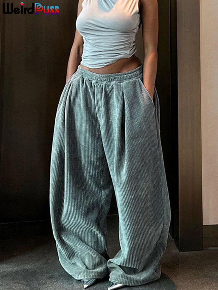 Weird Puss Y2K Casual Wide-Leg Pants Loose Simple Basic Pocket High Waist Trousers Corduroy Streetwear Long Bottoms