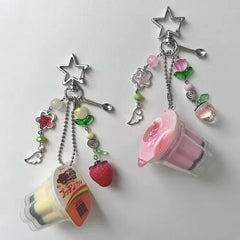 Japanese Pudding Keychain, Pink Yellow Egg Flan Charm, Y2K Heisei Retro Beaded Accessory