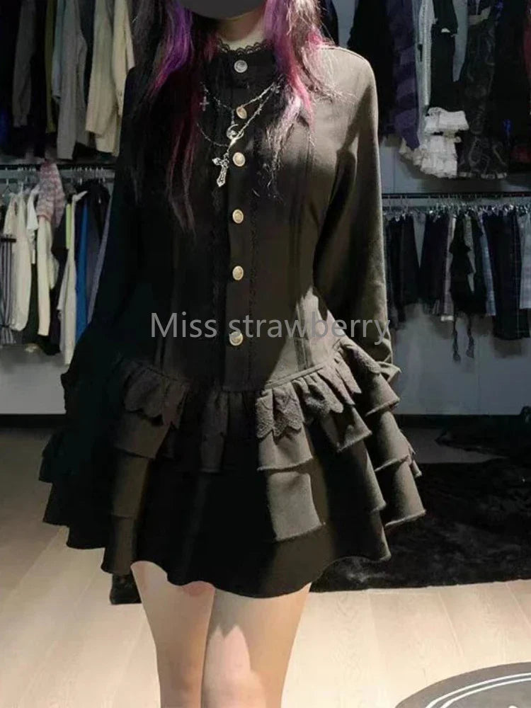 Vintage Gothic Style Lace Up Dress Design High Street Black Lolita Slim Dresses Y2k Lace Long Sleeve Clothing