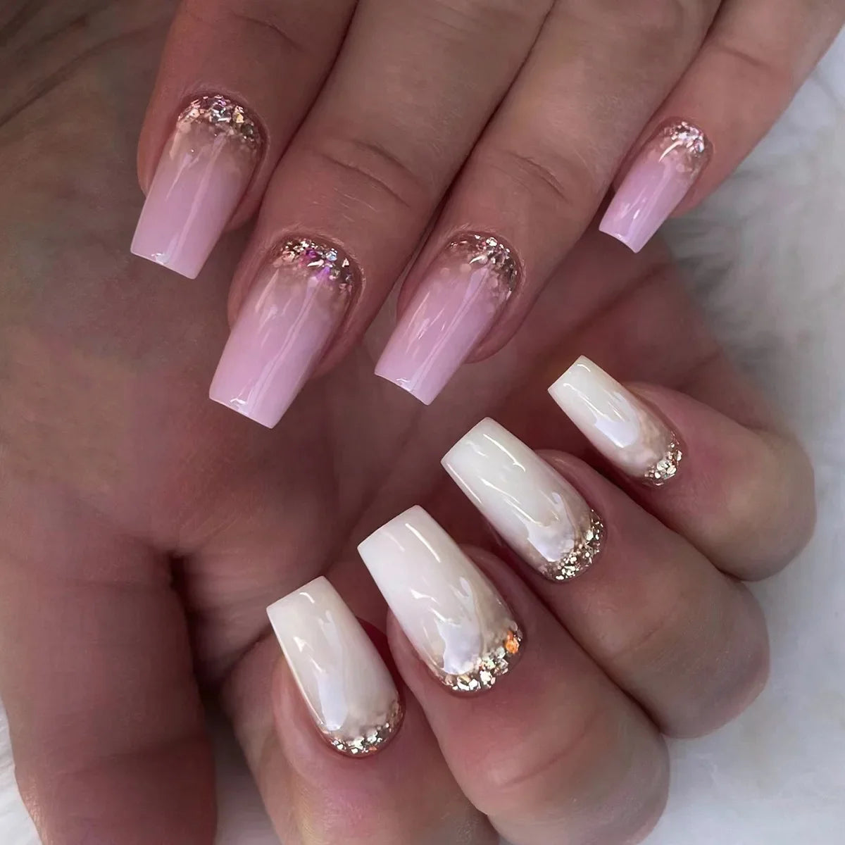 24Pcs Long Coffin Leopard Print False Nails with Glue Sweet Cool Diamond Fake Nail Set Floral French Press on Wearable Nail Tips