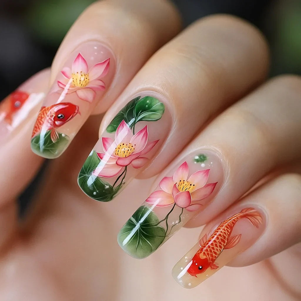 24pcs/set Medium long fake nails Swan fish flowers
