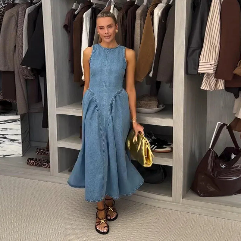 Trendy Denim Dresses Backless Sleevess Long O-Neck Dress Vintage Washed Blue Casual Daily Beach Streetwear
